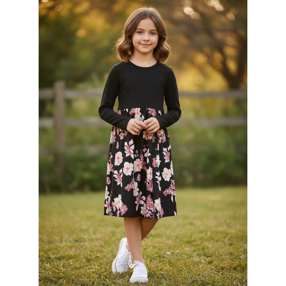 SHEIN Little Girls Black Floral Long Sleeve Dress Crew Neck Size 130 8Y